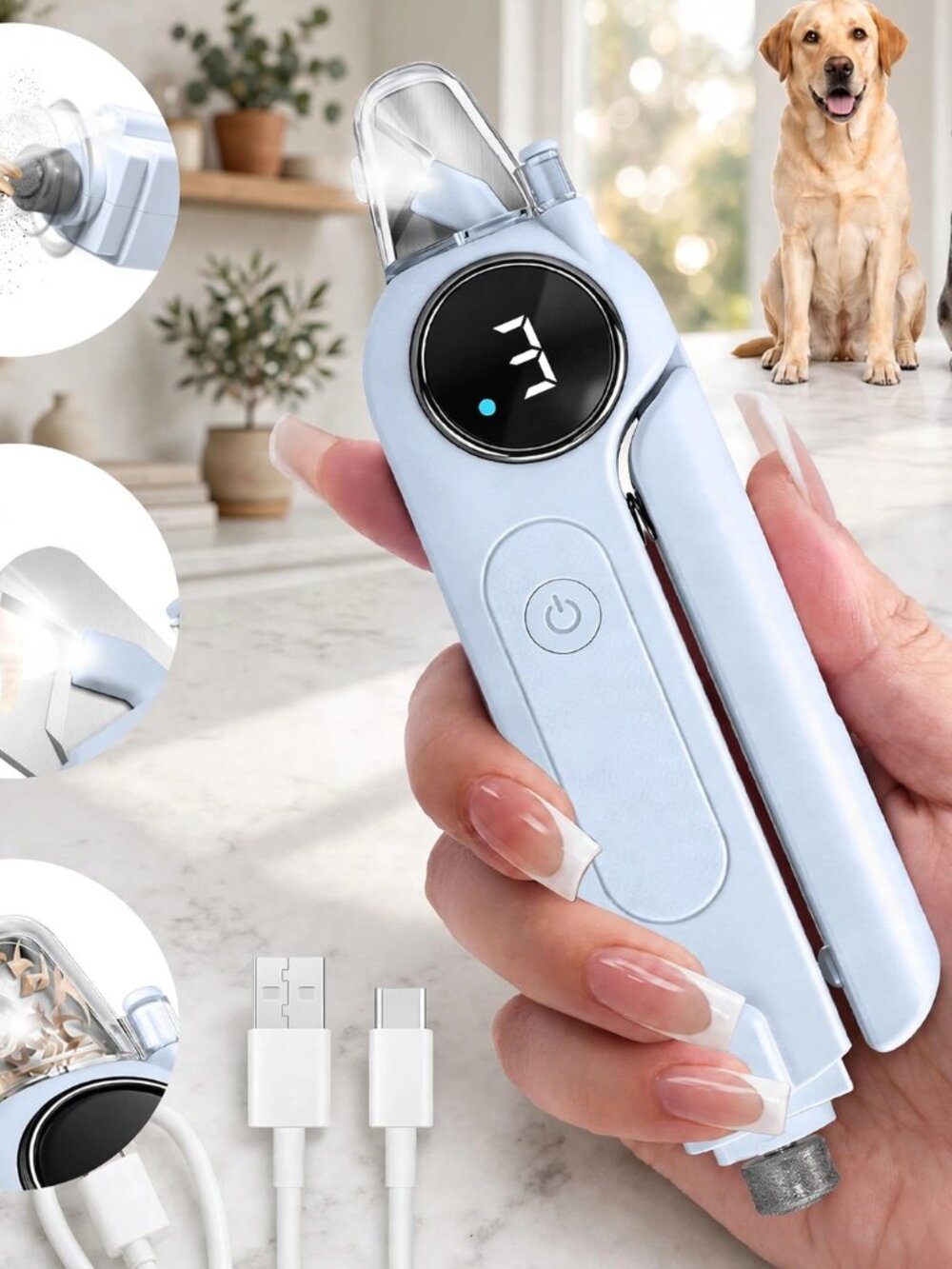 2-in-1 Quiet Electric Pet Nail Clipper Grinder with Light for Dogs Cats - Blue